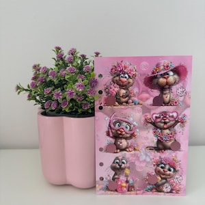 Könnte beinhalten: Ein rosa Planereinsatz mit sechs Cartoon-Katzen-Illustrationen, die jeweils mit floralen Details verziert sind. Die Katzen werden in verschiedenen Posen gezeigt und tragen Accessoires wie Hüte und Sonnenbrillen. Links ein rosa Blumentopf mit lila Blumen.