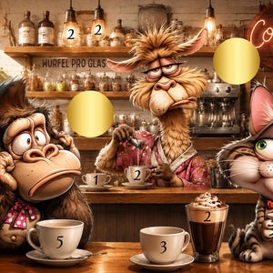 Könnte beinhalten: Eine Cartoon-Illustration eines Gorillas, eines Lamas und einer Katze in einem Café. Der Gorilla sitzt neben einem Schild mit der Aufschrift Coffee, das Lama bereitet Getränke zu und die Katze hält eine Tasse. Mehrere nummerierte Kaffeetassen stehen auf dem Tresen.