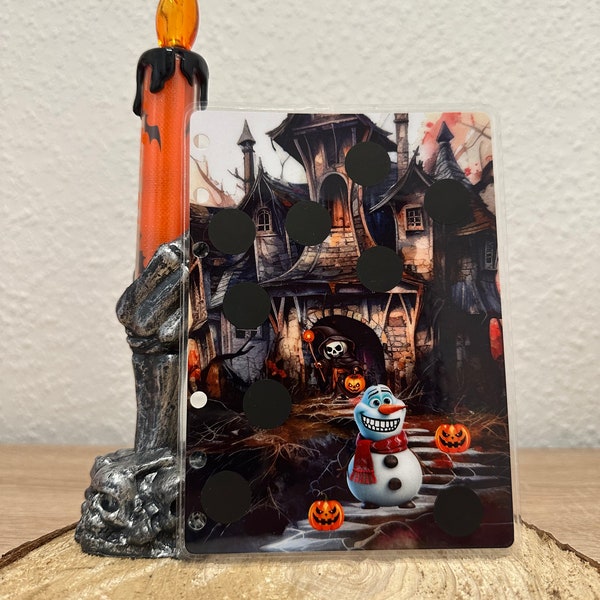 Laminierte Rubbelchallenge/gelocht/ passend für A6 Binder/ Schneemann/ Halloween