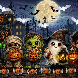 Könnte beinhalten: Eine Halloween-Illustration mit vier als Mumie, grünes Monster, Geist und Vampir verkleideten Kindern. Sie halten mit Süßigkeiten gefüllte Kürbiseimer. Ein Holzschild trägt die Aufschrift SÜSSES ODER SAURES? vor einer Friedhofskulisse.