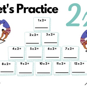Peut inclure: Une feuille de travail imprimable avec une illustration colorée d'une gymnaste. La feuille de travail présente une pyramide de cases avec des problèmes de multiplication pour s'entraîner à multiplier par 2. Les problèmes incluent 1x2, 2x2, 3x2, 4x2, 5x2, 6x2, 7x2, 8x2, 9x2, 10x2, 11x2 et 12x2. Le texte "Let's Practice 2x" est en haut de la feuille de travail.