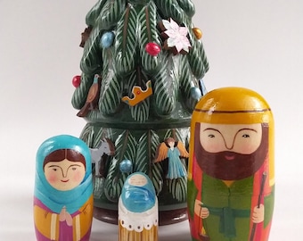Nativity Set Nesting Dolls Matryoshka Personalized. Green Wooden Christmas Tree, Joseph, Mary And Jesus. Birth Set. Set of 4. Hand Painted
