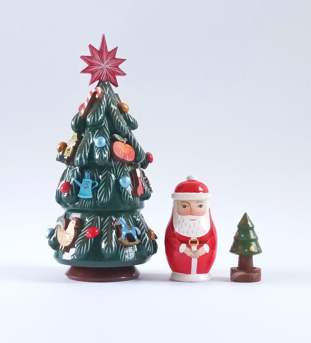 Wooden Christmas Tree Nesting Doll Matryoshka Set of 3 Hand Painted