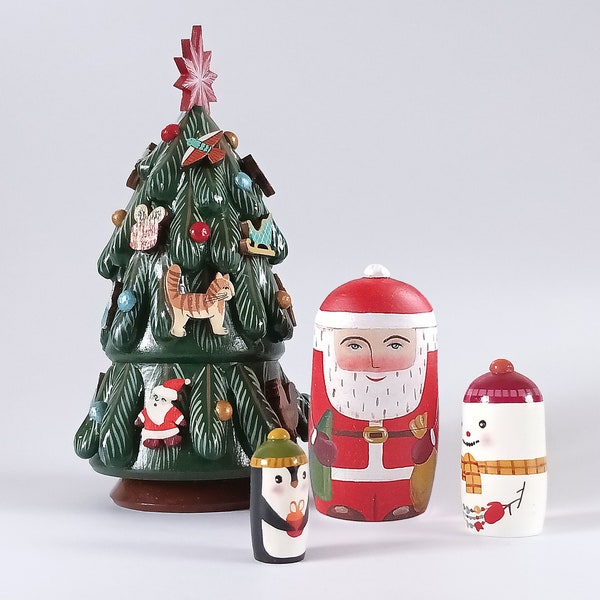 Wooden Christmas Tree Hand Painted Personalized Nesting Doll Matryoshka With 3 Items – Red Santa White Snowman Black Penguin Set of 4