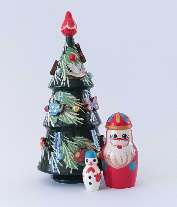 Set of 3. Green Wooden Christmas Tree Nesting Doll Matryoshka Etsy