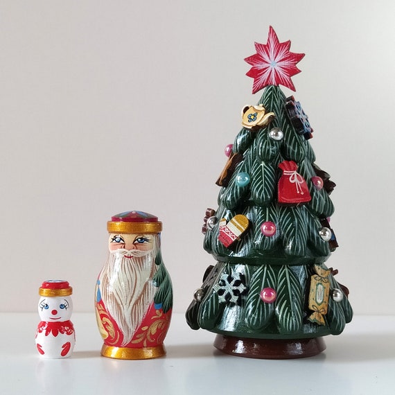 Mu ecas anidadas de rbol de Navidad de madera matrioska pintada