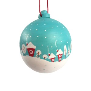 Christmas Ornament Styrofoam Ball With Turquoise Sky & Red Houses Hand Painted, Ready to Hang