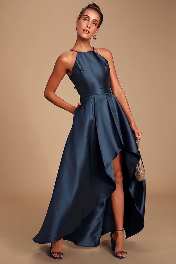 navy blue high low bridesmaid dresses
