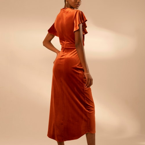 rust velvet dress shoulder neckline and an asymmetrical Juniors Rory Velvet Dress |