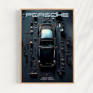 May include: A framed print showing a black Porsche car surrounded by car parts and tools. The word "PORSCHE" is at the top, and the text "MANUFACTURED IN STUTTGART, GERMANY" is at the bottom. The background is dark grey.