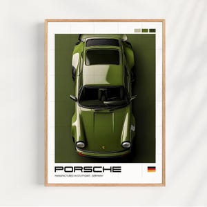 May include: A green Porsche 911 car with a black interior. The car is viewed from above and the image has a green background. The text "PORSCHE" and "MANUFACTURED IN STUTTGART, GERMANY" is at the bottom of the image.