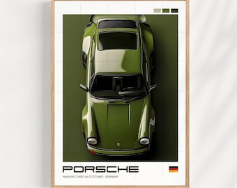 Può includere: Un'auto Porsche 911 verde con interni neri. L'auto è vista dall'alto e l'immagine ha uno sfondo verde. Il testo "PORSCHE" e "MANUFACTURED IN STUTTGART, GERMANY" è in basso nell'immagine.