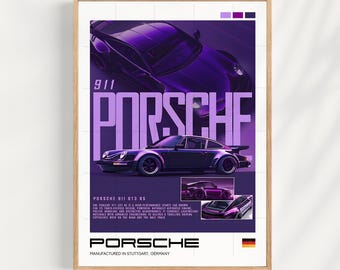 Può includere: Un poster di un'auto sportiva Porsche 911 GT3 RS viola con il testo "911 PORSCHE" e "PORSCHE PRODOTTO A STUTTGART, GERMANIA".