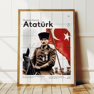 Turkish Flag and Mustafa Kemal Atatürk on Horse in Military Uniform for Canvas or Poster Printing Downloadable Jpeg File, Atatürk Images