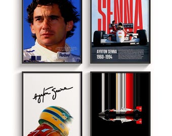 May include: A set of four black framed prints featuring Ayrton Senna, a famous Formula One race car driver. The prints include a portrait of Senna, a signature, a red and white graphic of a race car, and a black and white graphic of a race car.