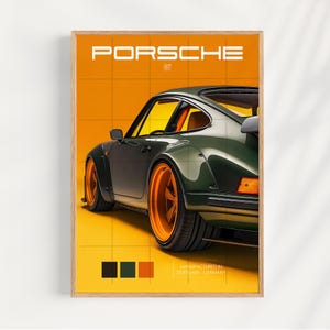 May include: A green Porsche 911 car with orange wheels against a yellow background. The car is a classic model with a retro look. The text "PORSCHE 911" is displayed above the car. The text "MANUFACTURED IN STUTTGART, GERMANY" is displayed below the car.