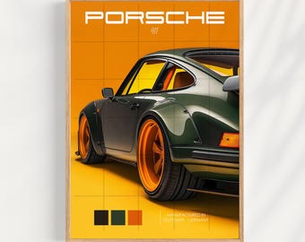 May include: A green Porsche 911 car with orange wheels on a yellow background. The car is a classic model with a retro look. The text "PORSCHE 911" is displayed above the car. The text "MANUFACTURED IN STUTTGART, GERMANY" is displayed below the car.