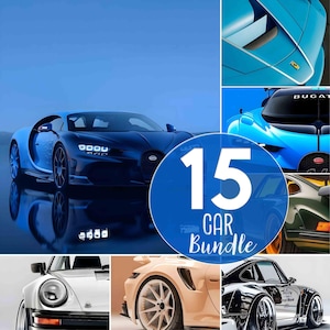 May include: A collage of 15 different car images, featuring a variety of makes and models, including a blue Bugatti Chiron, a silver Porsche 911, and a beige Porsche 911. The image is titled "15 Car Bundle".