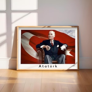 Photo of Great Leader Mustafa Kemal Ataturk in Front of the Turkish Flag, Downloadable Digital Jpeg File for Canvas or Poster Printing