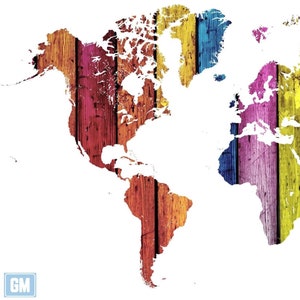 Kleur houten wereldkaart artwork print, voor thuis- en kantoordecoratie.