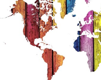 Color Wooden World Map Artwork Print, For Home and Office Decor.