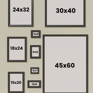 May include: A wall with nine black picture frames of different sizes. The frames are arranged in a grid pattern. The frames are empty and have white mats. The frames are labeled with their dimensions in inches. The largest frame is 45 inches by 60 inches, and the smallest frame is 6 inches by 8 inches.
