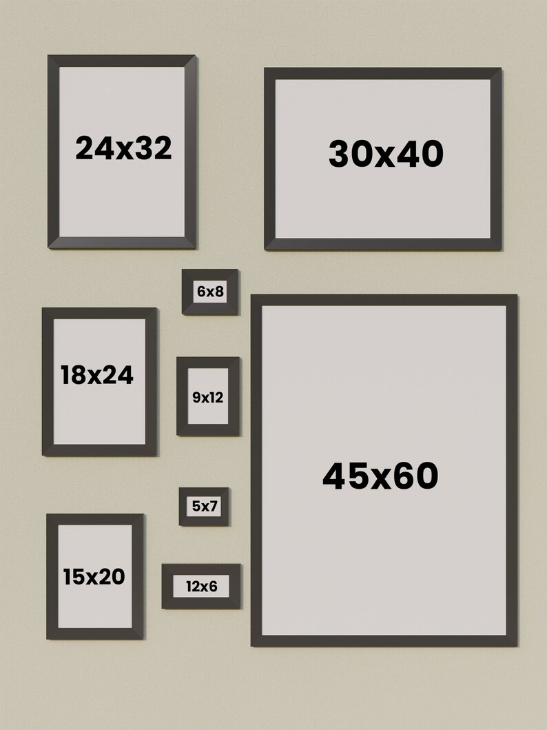 May include: A wall with nine black picture frames of different sizes. The frames are arranged in a grid pattern. The frames are empty and have white mats. The frames are labeled with their dimensions in inches. The largest frame is 45 inches by 60 inches, and the smallest frame is 6 inches by 8 inches.