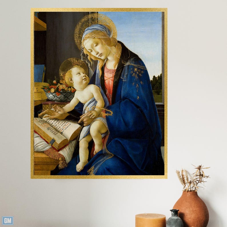 The intimate depiction of the Madonna lovingly holding her child on her lap as she reads a sacred book symbolizes wisdom and divine knowledge and conveys a sense of serenity and spirituality.