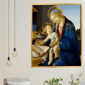 The intimate depiction of the Madonna lovingly holding her child on her lap as she reads a sacred book symbolizes wisdom and divine knowledge and conveys a sense of serenity and spirituality.