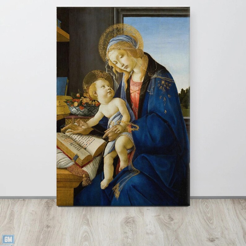 The intimate depiction of the Madonna lovingly holding her child on her lap as she reads a sacred book symbolizes wisdom and divine knowledge and conveys a sense of serenity and spirituality.