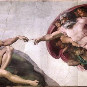May include: A Renaissance-era fresco painting depicting a scene of God reaching out to touch the finger of Adam, who is lying on a rocky outcrop. The painting is done in a realistic style with vibrant colors and intricate details.