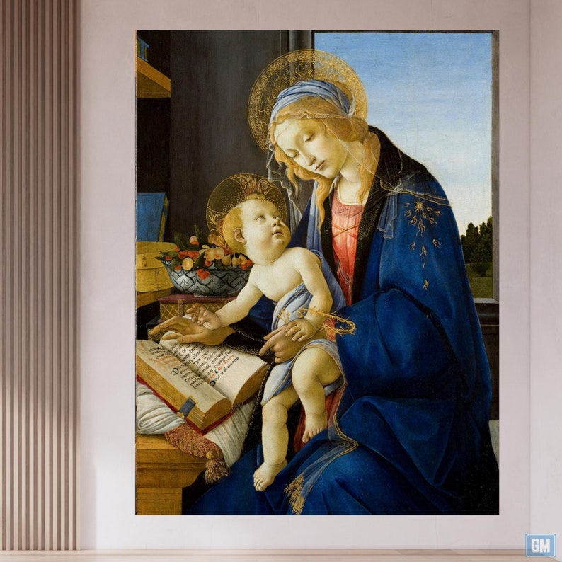 The intimate depiction of the Madonna lovingly holding her child on her lap as she reads a sacred book symbolizes wisdom and divine knowledge and conveys a sense of serenity and spirituality.