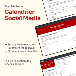 Peut inclure: Plusieurs écrans d'ordinateur affichent un modèle numérique pour la planification des médias sociaux. Le modèle est intitulé "Calendrier Social Media" et comprend du texte en français. Les écrans montrent divers outils et fonctionnalités de planification.