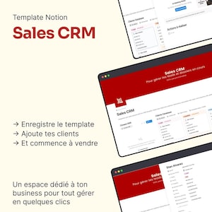 以下が含まれることがあります： 赤と白のデザインの、セールスCRMテンプレートのデジタルインターフェース。インターフェースは、顧客データベースと販売管理ツールを表示します。「Sales CRM」と、テンプレートの登録、顧客の追加、販売開始の手順が含まれています。