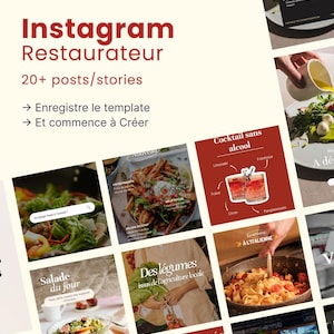 以下が含まれることがあります： レストラン向けのInstagramプロモーション用グラフィック。食べ物関連の投稿とストーリーのグリッドが表示されています。「Instagram Restaurateur」のテキストと「20+ posts/stories」が目立ちます。サラダ、フライドポテト、カクテルなどの様々な食べ物が含まれています。