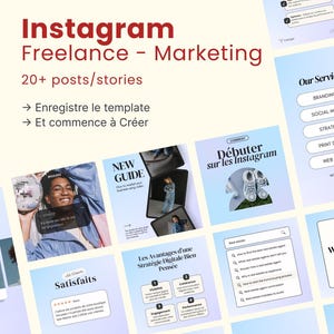 Peut inclure: Visuel de marketing avec le titre "Instagram Freelance - Marketing" en rouge. L'image comprend divers modèles de publications sur les réseaux sociaux, un guide et des témoignages clients. La conception utilise un code couleur bleu clair et blanc.