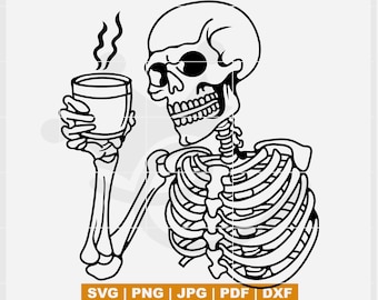 Skeleton SVG, Skeleton Drinking Coffee Svg, Skeleton in side view svg, Skeleton for Halloween Design ,including png, pdf, jpg, dxf files
