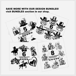 May include: A collection of black and white design bundles, including Halloween/Haunted House, Scary Western Pumpkin, Cowgirl and Horse, and Skeleton Drinking Coffee themes. Each bundle is labeled with a number and includes various file formats.