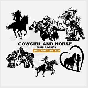 Cowgirl SVG, 6 in 1 Bundle Design, Horse and mountain PNG and SVG Perfect for Cricut Maker, Silhouette Cameo and other cutting machines