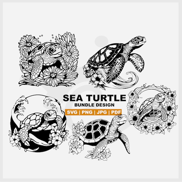 Sea turtle svg with waves and flowers SVG, turtle bundle svg, 5 in 1 Bundle Design - Perfect for Sublimation, Prints, Cutting Machines