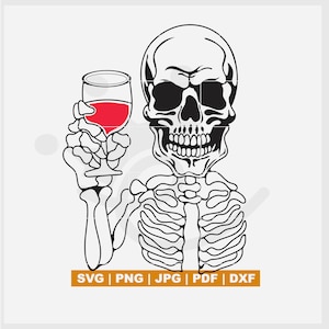 Esqueleto sosteniendo una copa de vino SVG, esqueleto SVG, vino SVG, calavera con vino SVG, / fondo transparente PNG, blanco y negro - Archivo de corte