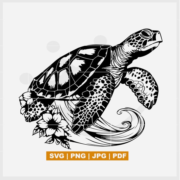 Sea turtle, wave and flowers SVG, including png, jpg, pdf files, Perfect for Cricut Maker, Silhouette Cameo and other cutting machines