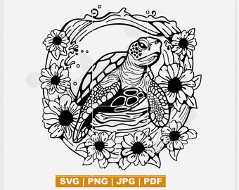 Sea turtle svg, turtle svg, turtle with flowers svg, cute turtle with wave and sunflowers svg, turtle cut file, turtle prints