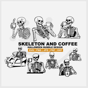 Skelett trinkt Kaffee-Halloween-Bundle - verfügbar in SVG-, pdf-, dxf-, pdf-, PNG-Format - zum Schneiden, Sublimation, Gravieren, Ausdrucken usw
