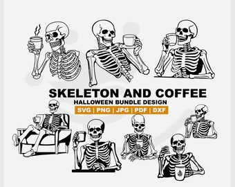 Skeleton Drinking Cofee Halloween Bundle- Available in SVG, pdf, dxf, pdf, PNG format - for Cutting, Sublimation, Engraving, Printables, etc