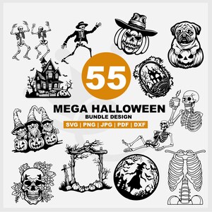 May include: A set of 55 black and white Halloween SVG cut files. The designs include skeletons, pumpkins, witches, ghosts, and more.  SVG, PNG, JPG, PDF, and DXF files are included.