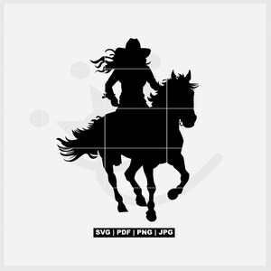 May include: A black silhouette of a person riding a horse. The rider wears a cowboy hat and has flowing hair. The horse is in motion, with its legs extended. The image includes the text "SVG | PDF | PNG | JPG".