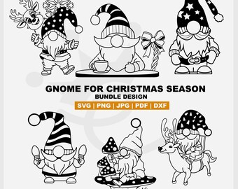 May include: Black and white digital illustration of six Christmas gnomes in various poses. One gnome holds a reindeer, another sips from a cup, and a third wears a star-patterned hat. The text "GNOME FOR CHRISTMAS SEASON" is displayed.
