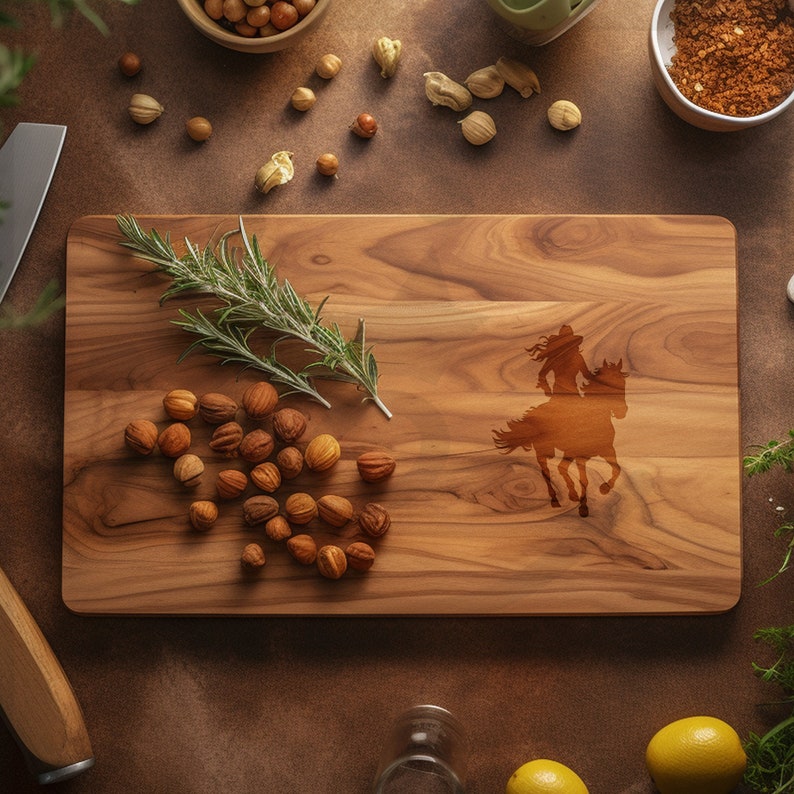 May include: A rectangular wooden cutting board with a laser-etched silhouette of a person riding a horse. The board is surrounded by ingredients like nuts, herbs, and spices. The wood grain is visible, and the board is approximately 12 inches long.