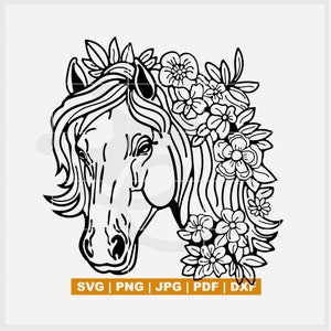 Horse floral svg, horse cut files, horse coloring art svg, horse with flowers, horse tattoo | for prints, sublimation, cutting and more